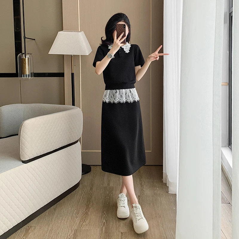 夏季法式黑色韩版时尚设计感蕾丝气质拼接高腰显瘦半身裙套装女