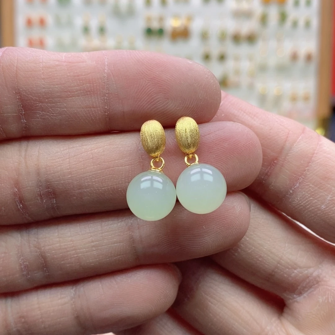 和田玉银S925镶嵌耳饰