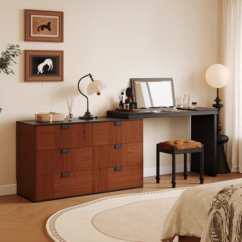 中古风实木梳妆台斗柜一体桌复古黑胡桃床尾收纳柜转角伸缩化妆桌