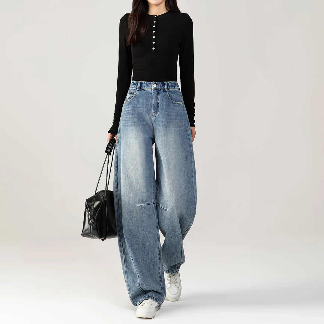 弯刀牛仔裤女2025新款秋季复古高腰设计感阔腿女裤宽松遮胯弯刀裤