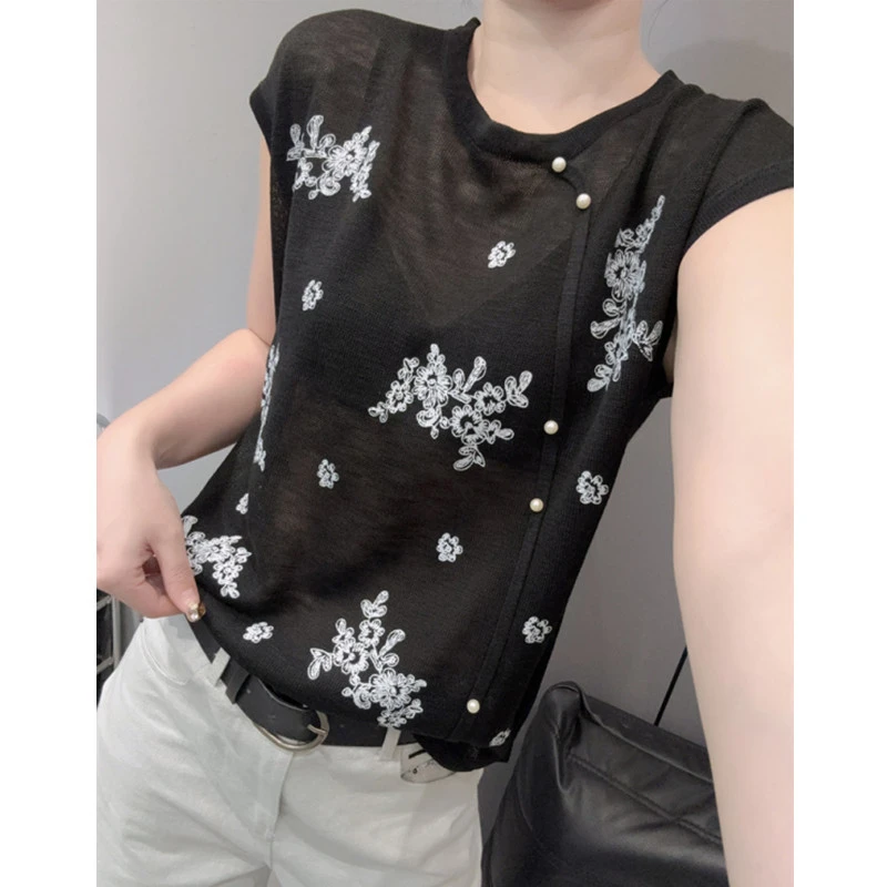 小飞袖冰丝针织衫短袖女时尚洋气百搭显瘦宽松薄款印花上衣小衫夏