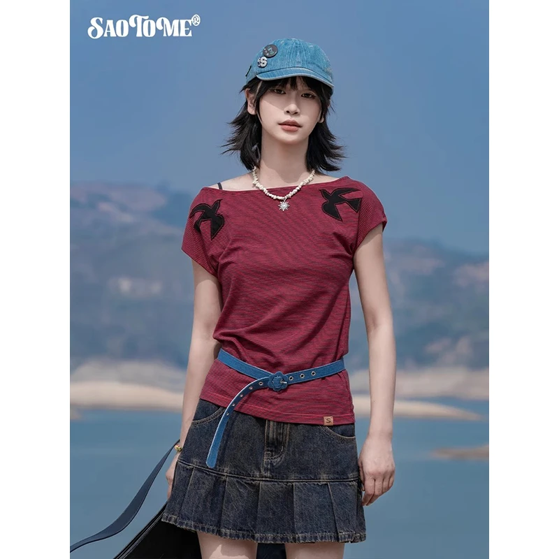 早乙女惠子「飞鸟系列」saotome 日系复古条纹贴布绣连肩短袖T2269