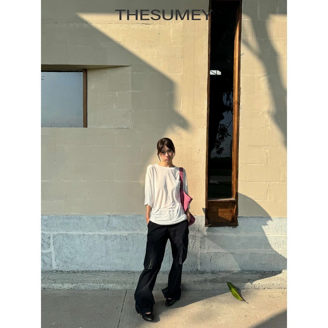 THESUMEY圆领五分袖t恤女2025夏季新款显瘦宽松透气薄款百搭上衣