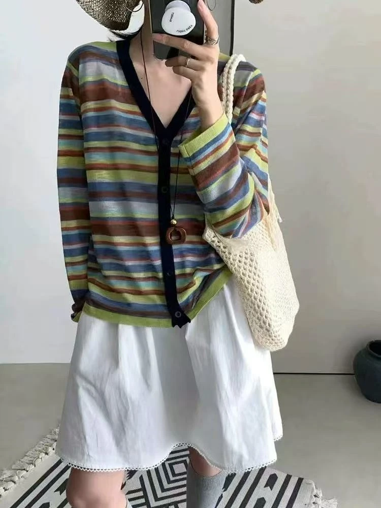 【超细绵羊毛】早秋新款撞色条纹V领针织衫女开衫外套百搭长袖上衣