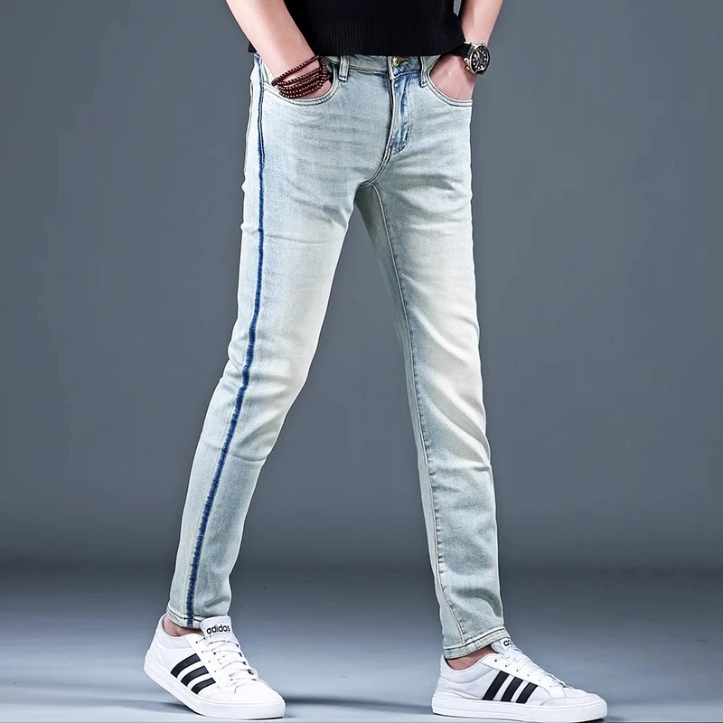 臣吾小直筒牛仔裤男士春夏新款弹力休闲裤子时尚欧货条纹小脚裤