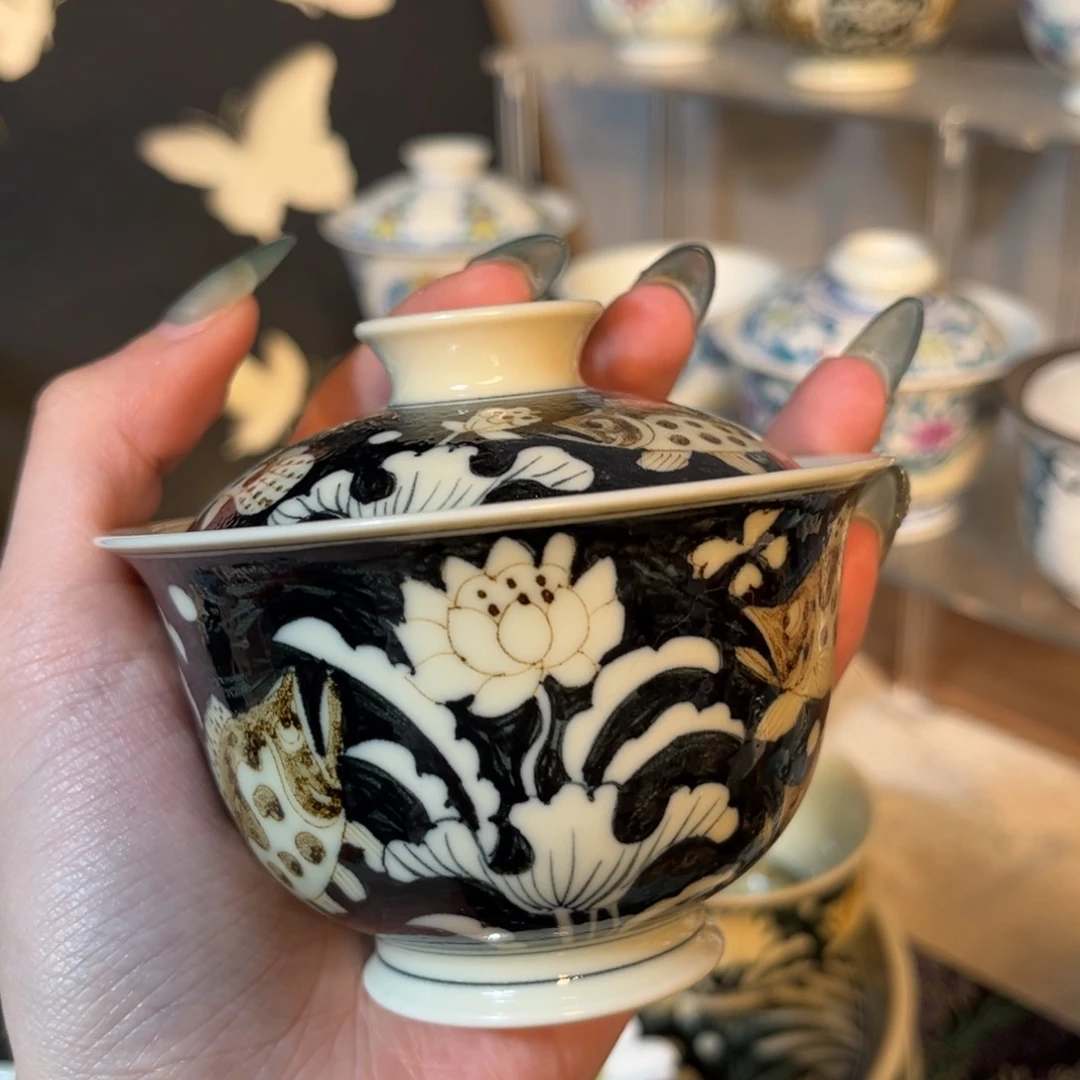 瓷片青花釉里金盖碗