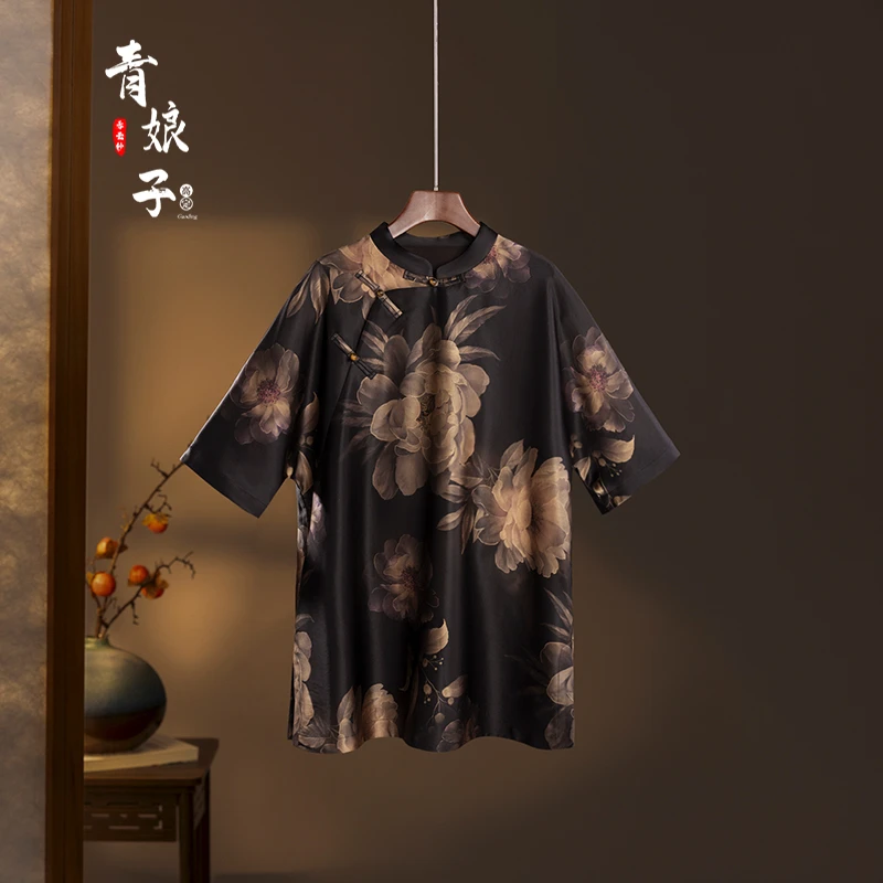 青娘子香云纱（灿瑶）重缎定位印花时尚简约复古连衣裙60072