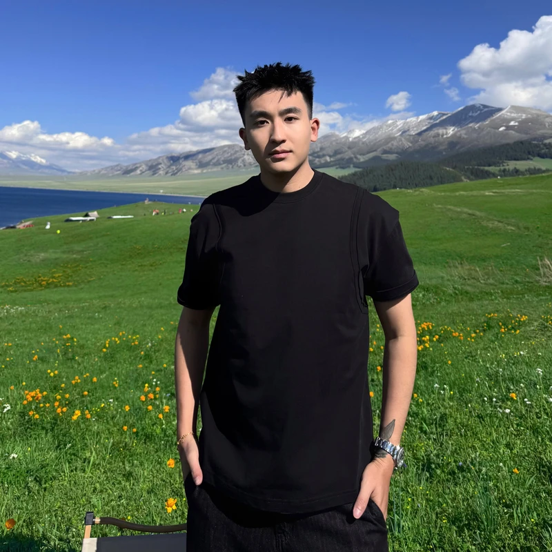 SANBAI  叁佰【玄羽象限】全棉散边弧形拼接短袖T恤