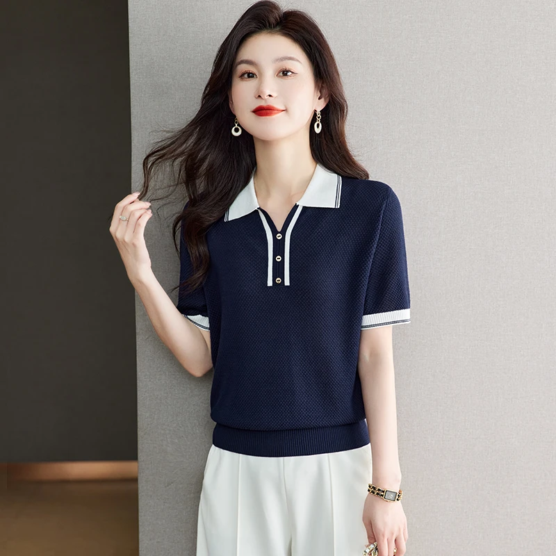 哥弟阿玛施正桑蚕丝短袖T恤女夏装冰丝针织polo衫宽松翻领上衣薄