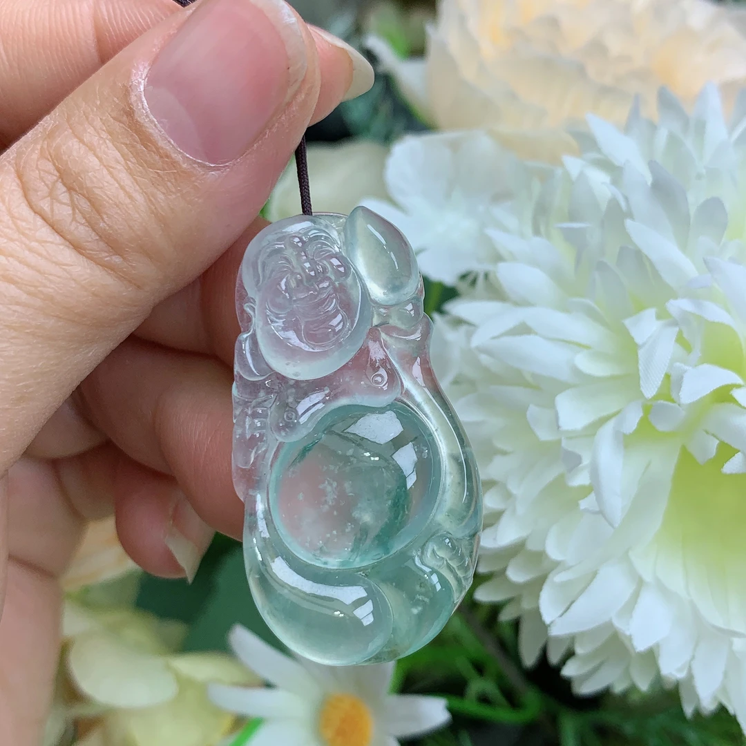 缅甸天然翡翠a货高冰玻起钢飘花布袋佛吊坠钟尺寸40.5/21.9/6.1mm