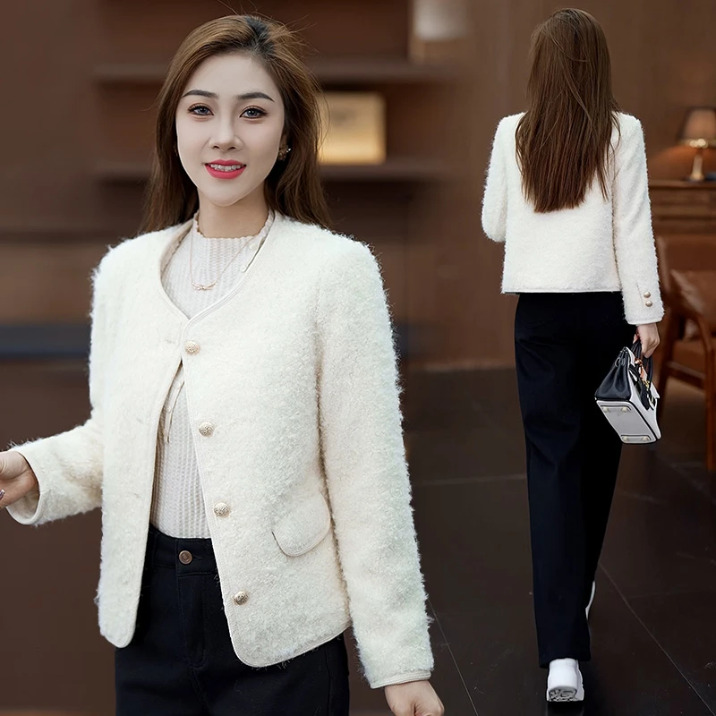 洋气圆领毛绒短外套女秋冬新款女式秋冬棉娃娃领飞行夹克