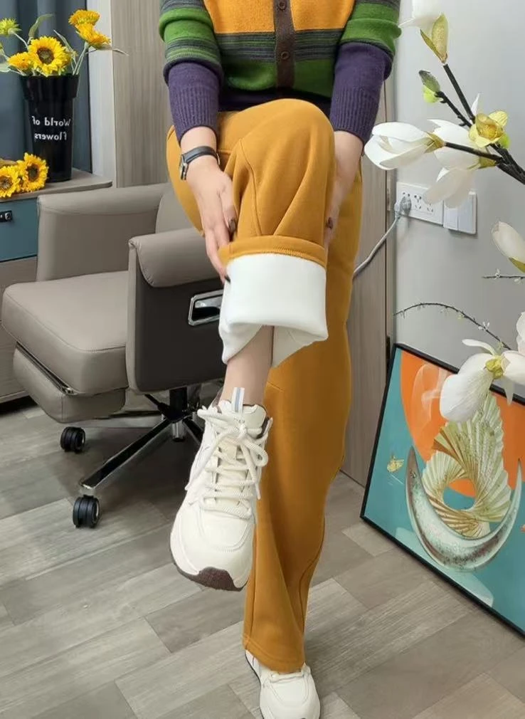 97020休闲裤高腰针织黄色窄版直筒裤直筒休闲秋冬时尚保暖冬季