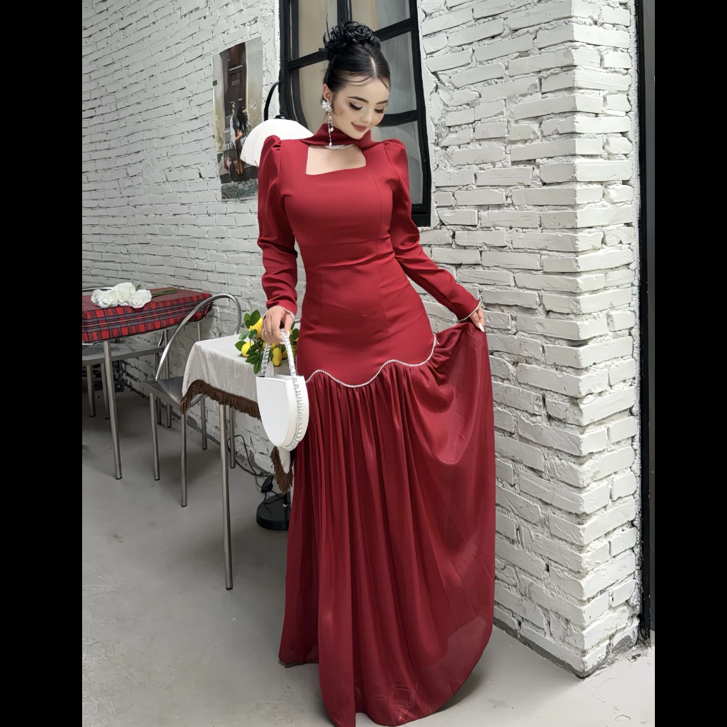 Rayhon时尚设计手工镶钻织带长袖淑女修身连衣裙