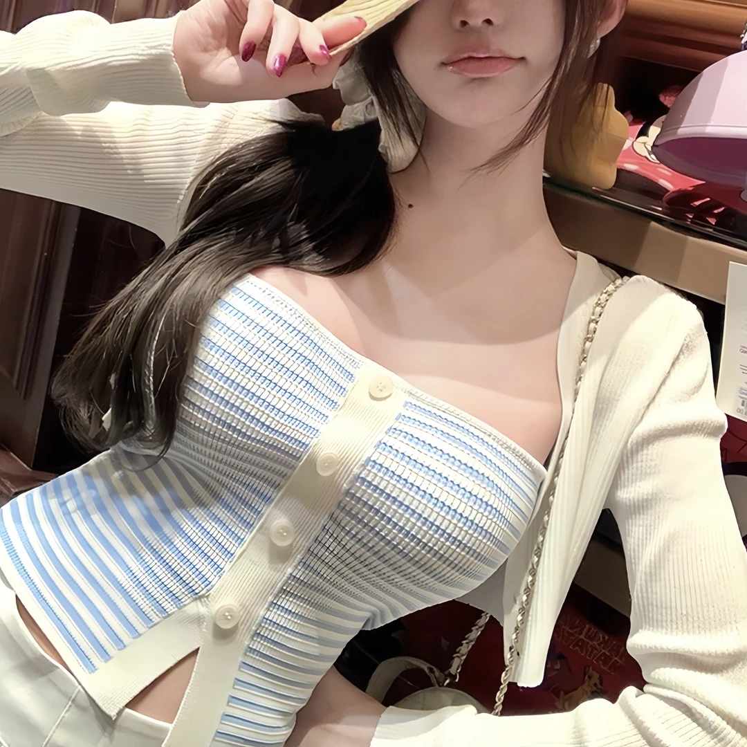 【白巧蓝调】小众ins外搭甜辣风夏季防晒百搭性感针织条纹毛针织衫