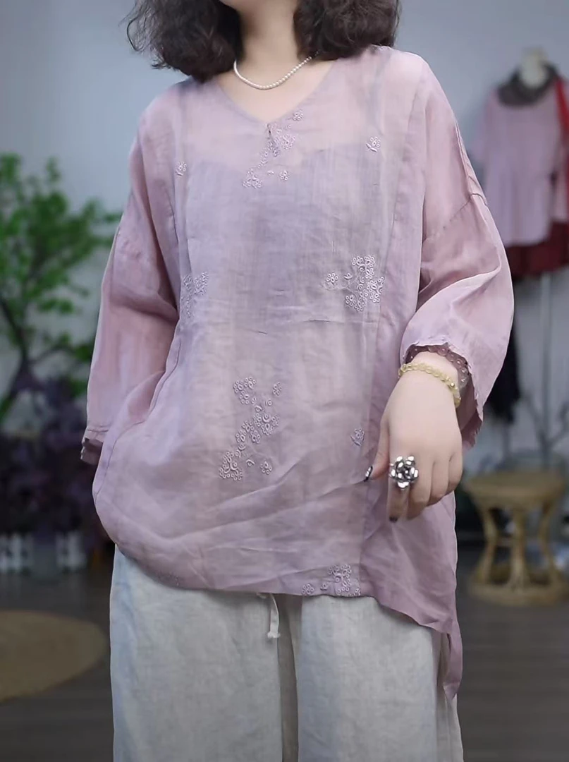 【若汐女装】夏季透气舒适刺绣款休闲百搭苎麻上衣67392