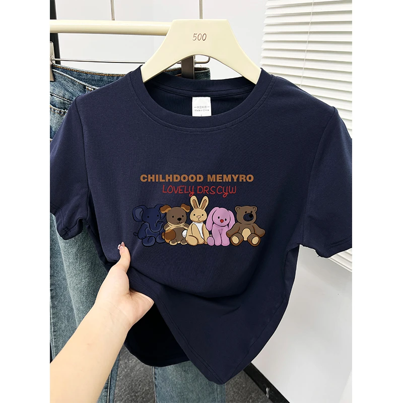 韩版设计感洋气印花正肩显瘦短袖t恤女夏季新款时尚百搭圆领上衣