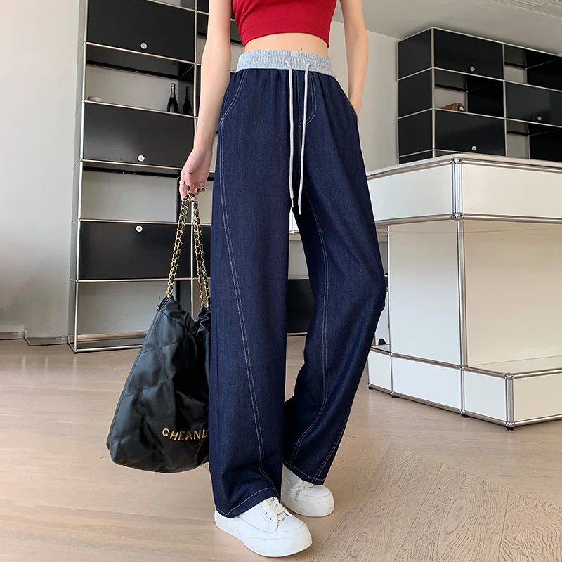 天丝牛仔直筒裤女夏季薄款2025新款长裤休闲高腰宽松香蕉阔腿裤子
