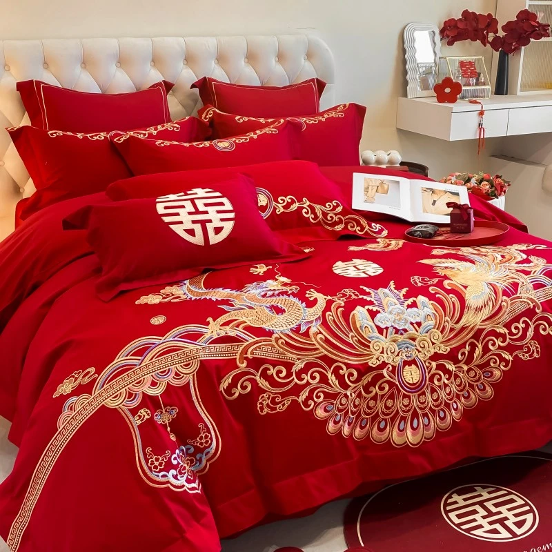 南通法式雅致家纺结婚四件套喜庆红色纯棉全棉双喜龙凤被套床单新