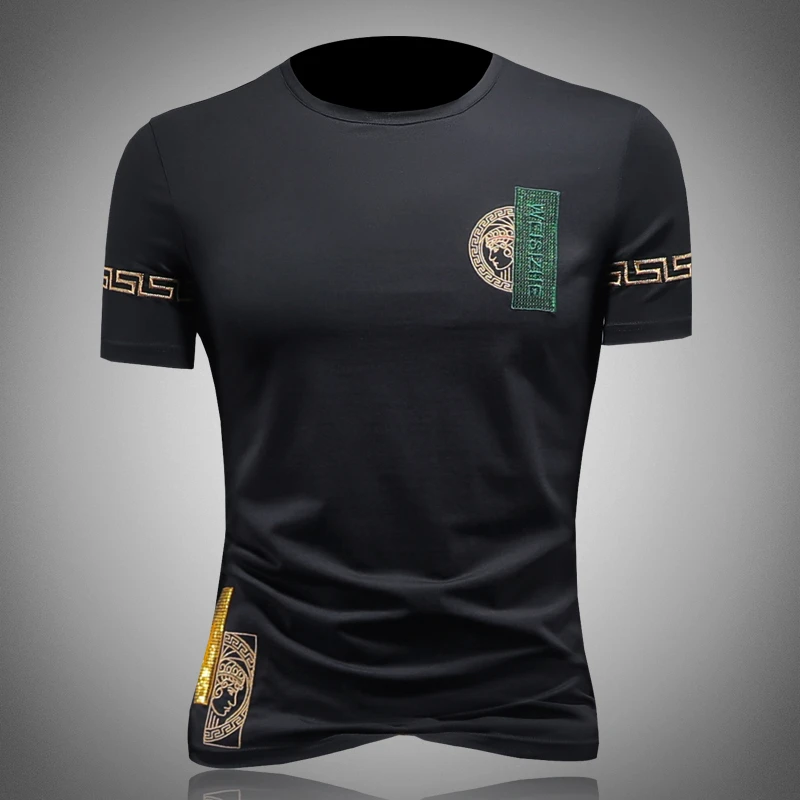 费韦戈摩欧货潮流男刺绣半袖衫薄款透气夏季短袖圆领修身男士上衣