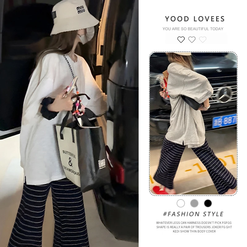 韩系慵懒纯色简约短袖T恤女2025夏季独特超好看条纹休闲裤两件套