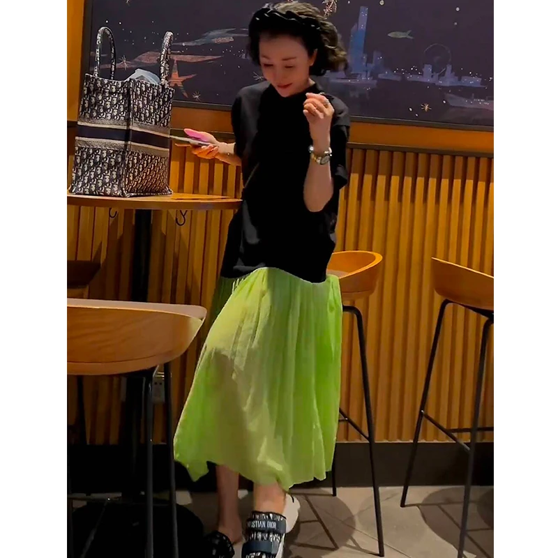 欧洲站2025夏季新款时尚设计别致减龄洋气韩版拼色短袖连衣长裙女