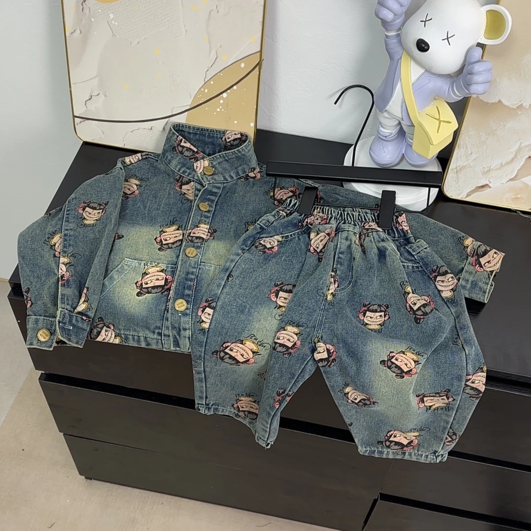 儿童春季外套男女宝宝中晓彤春秋哪吒牛仔套装休闲运动二件套童装