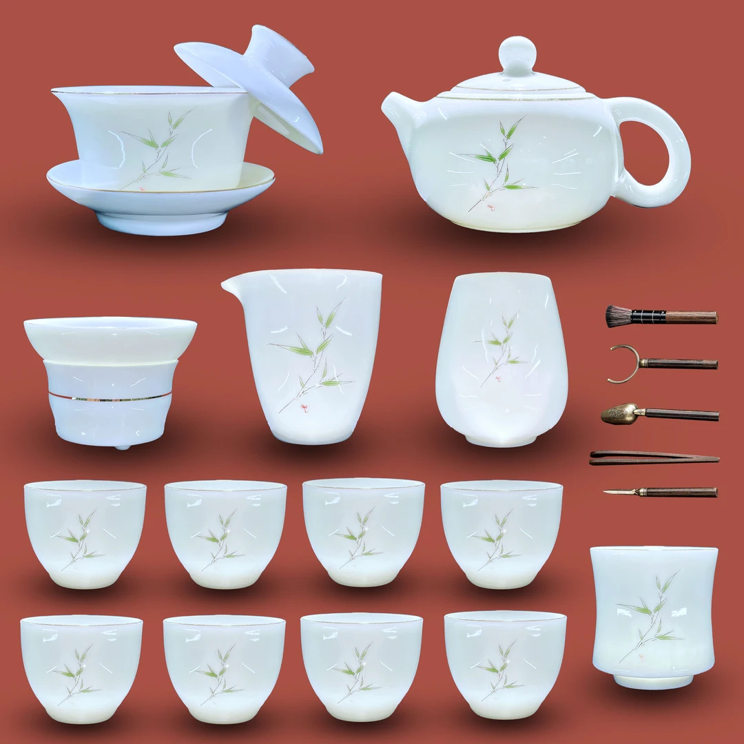高端陶瓷羊脂玉瓷竹报平安22件茶具套装高端陶瓷精美