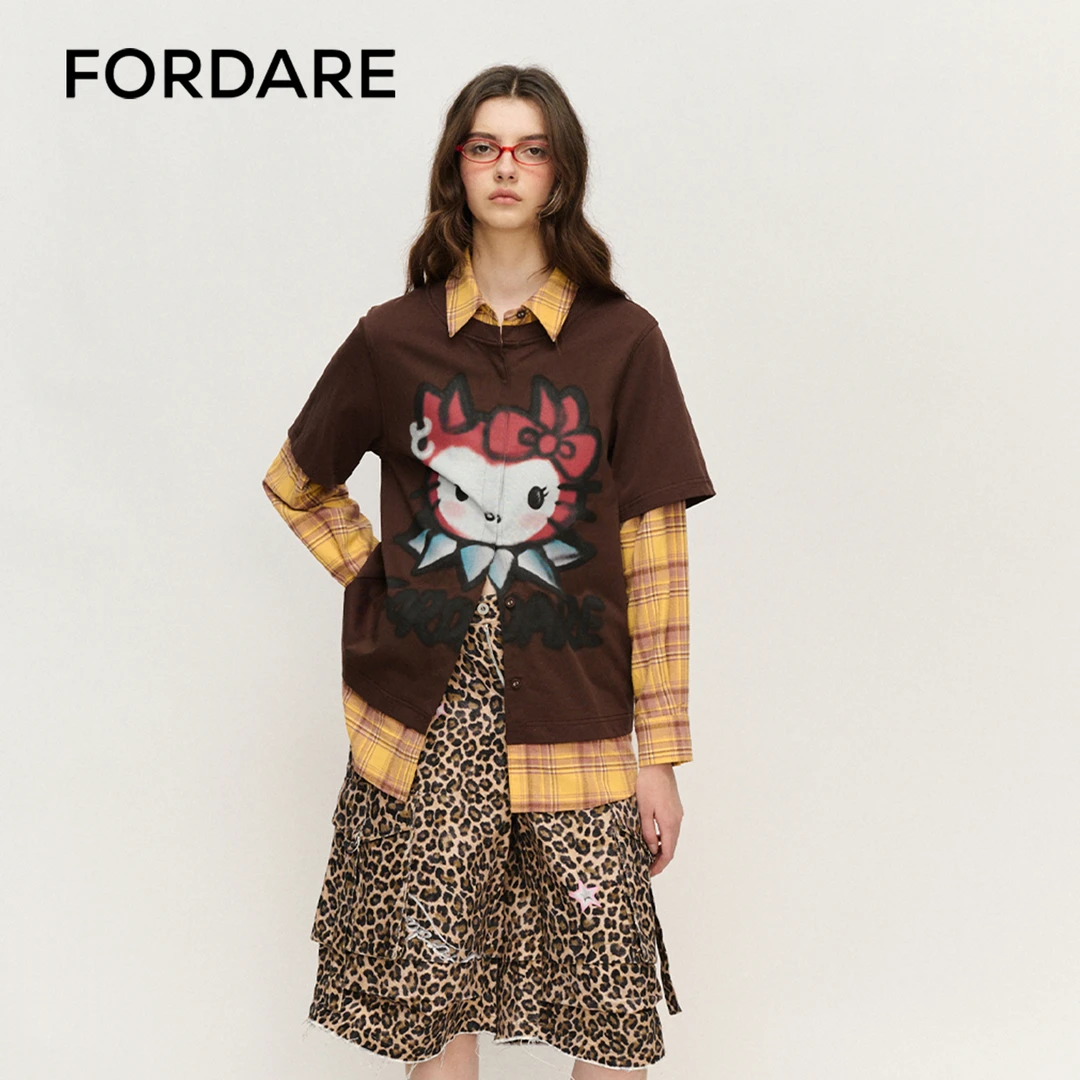 FORDARE福蝶 25春季新品 恶搞KITTY解构格纹衬衣休闲拼接宽松1117