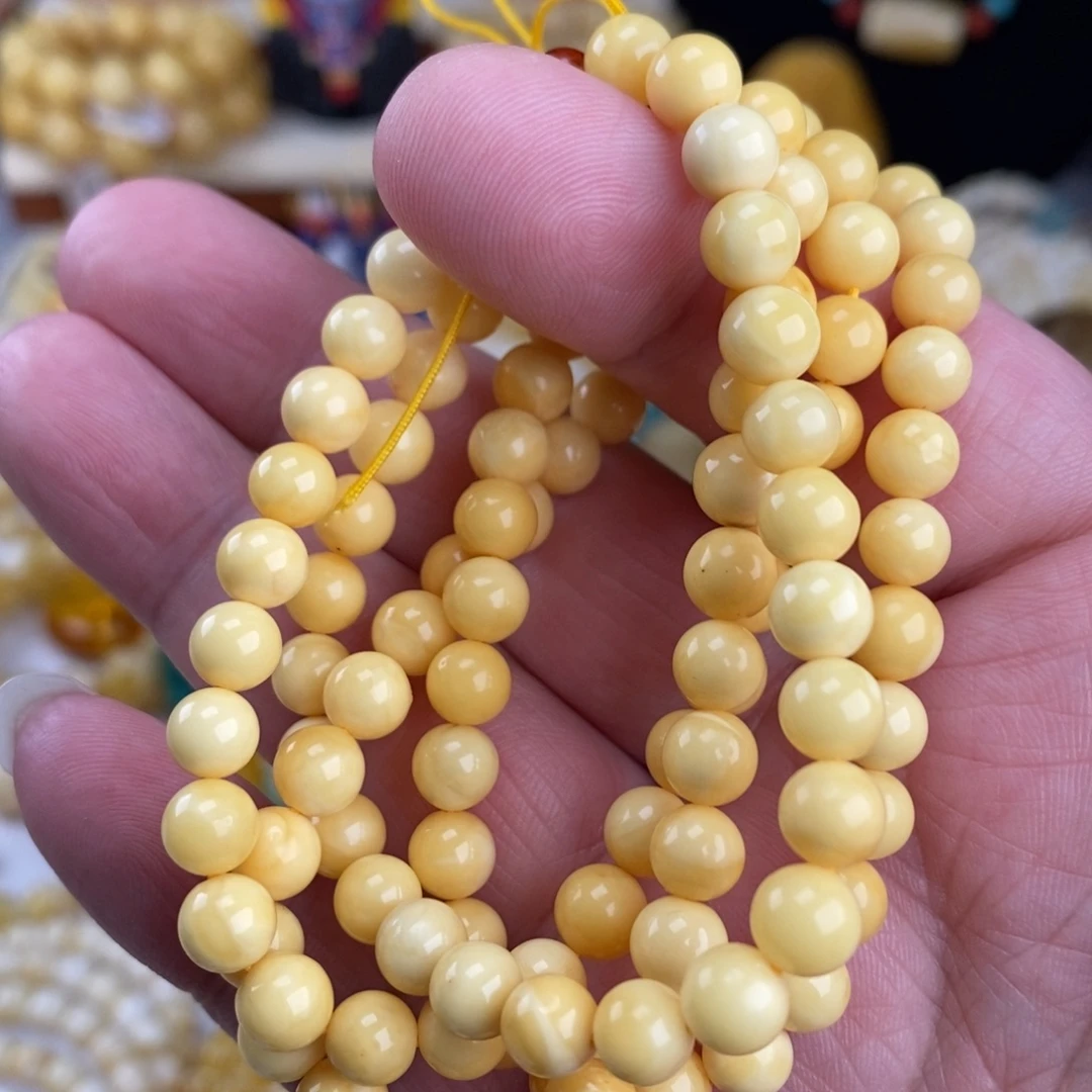 蜜蜡未镶嵌手链自然氧化奶酪白浓蜡7mm圆珠长串