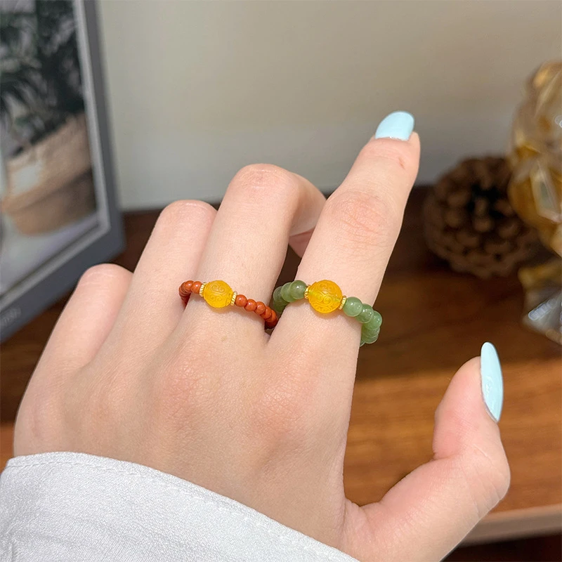 复古简约百搭通体925银南红蜜蜡碧玉串珠戒指小众高级感戒子指环