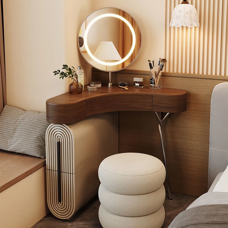 影楼木梳化妆桌家用桌子中古风实木转角梳妆台台斗柜一体卧室化桌