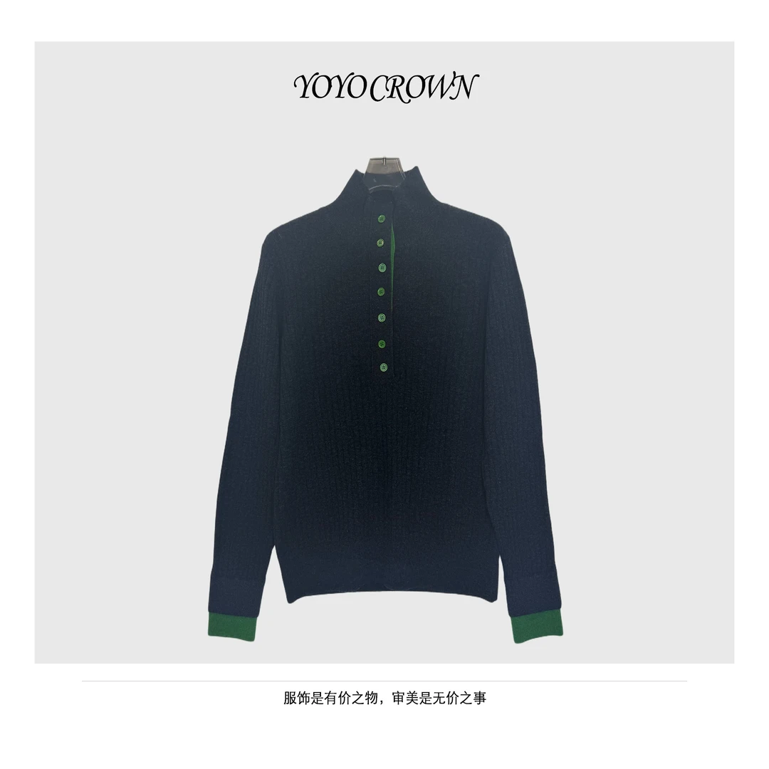 YOYOCROWN 撞色全羊毛单排扣长袖100羊毛亲肤羊毛衫