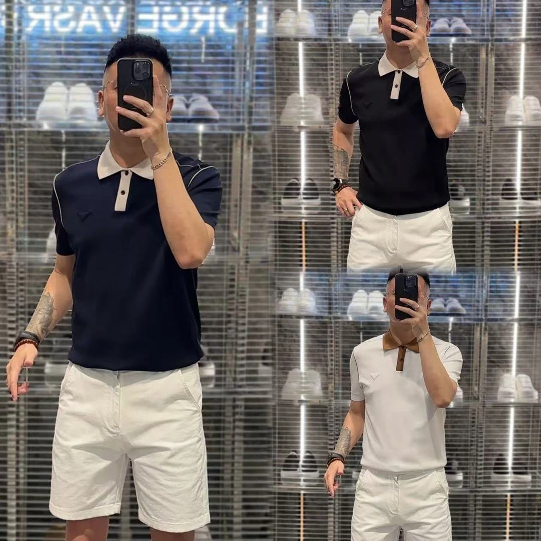 56613欧货夏季高品质桑蚕丝莫代尔混纺翻领三角标男士POLO衫