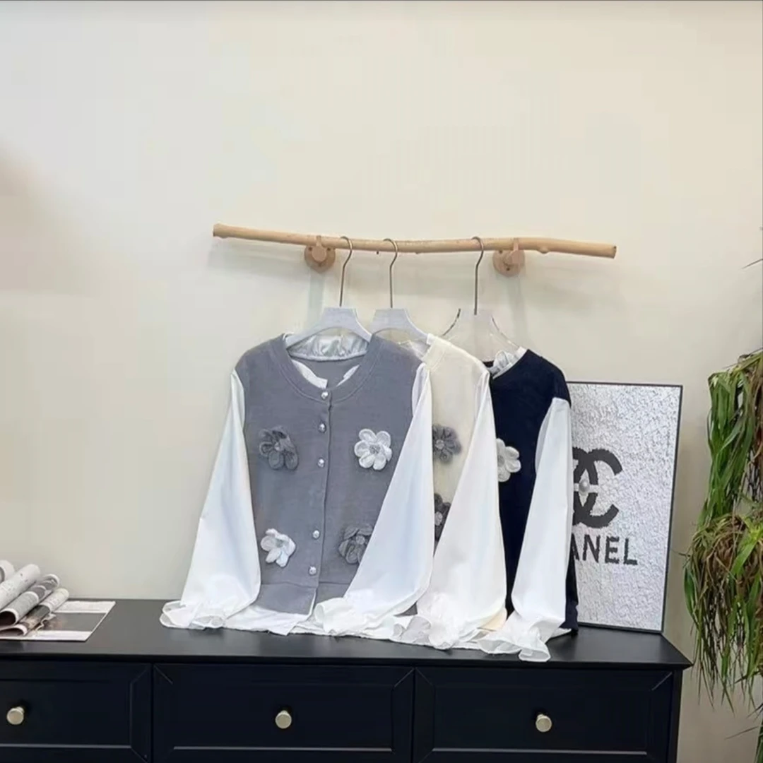 大码秋冬新款韩系减龄针织钉扣拼接假两件衬衫上衣8806