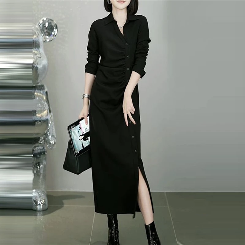 法式高级感黑色翻领单排扣衬衫开叉长袖连衣裙女气质修身打底长裙