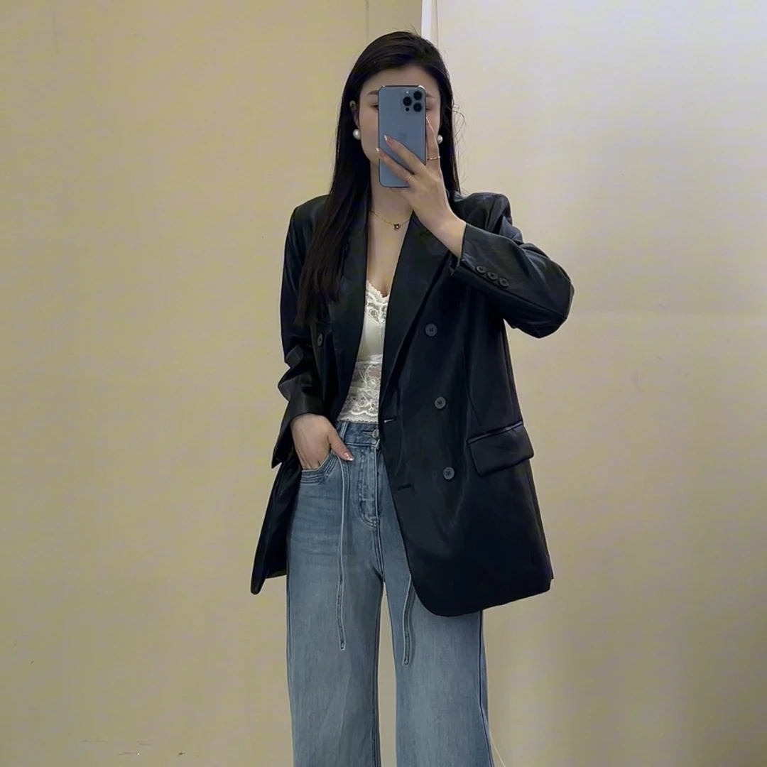 黑色西装皮衣外套女2025春秋季新款韩版宽松休闲高级设计感西服