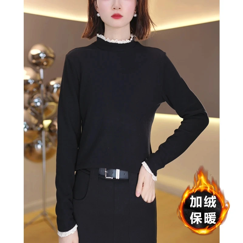 冬季新款加绒保暖打底衫女气质设计感长袖上衣T恤