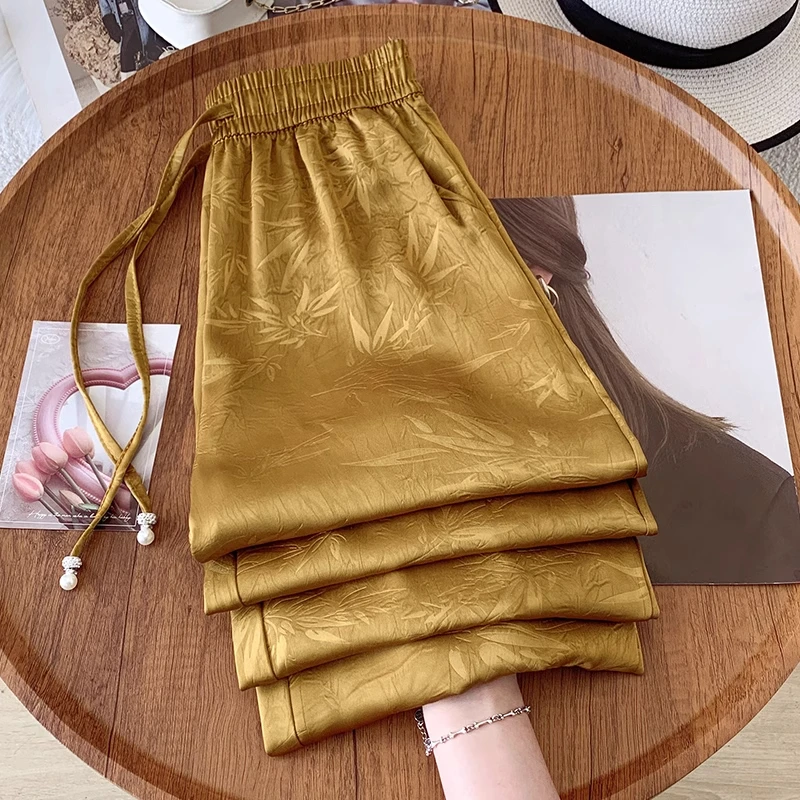 拉夏贝尔国风印花阔腿裤女垂感夏季薄款2025新款休闲直筒凉凉裤子