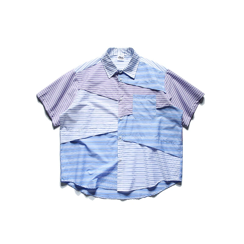 夏季宽松无规则拼接条纹短袖衬衫-Y420