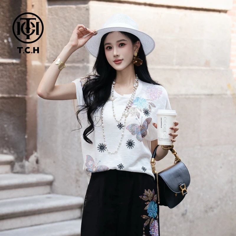 TCH私服烫钻工艺时尚休闲百搭蝴蝶针织T恤女T75B09E5078轻奢tch