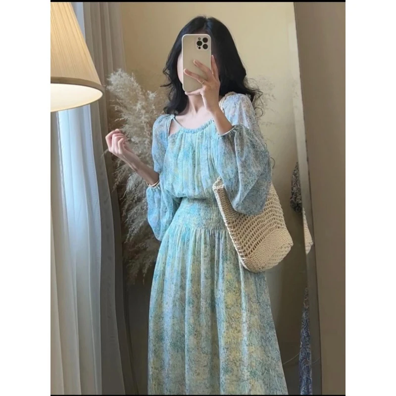 夏季新款爆款名媛蓝色韩国港风气质雪纺女复古法式东大门年小众复