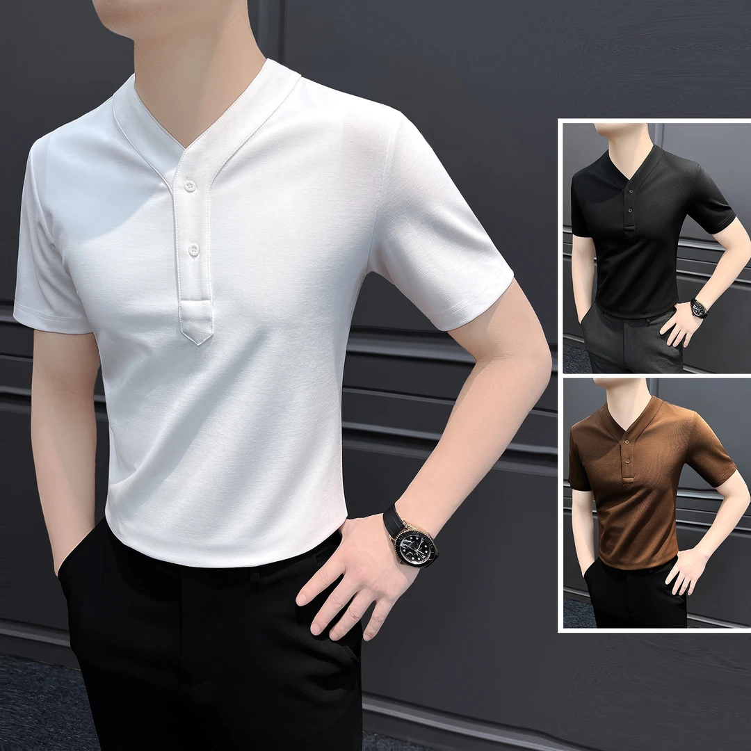 无领男款短袖t恤爆款2025新款秋季商务休闲男装修身款男士打底衫