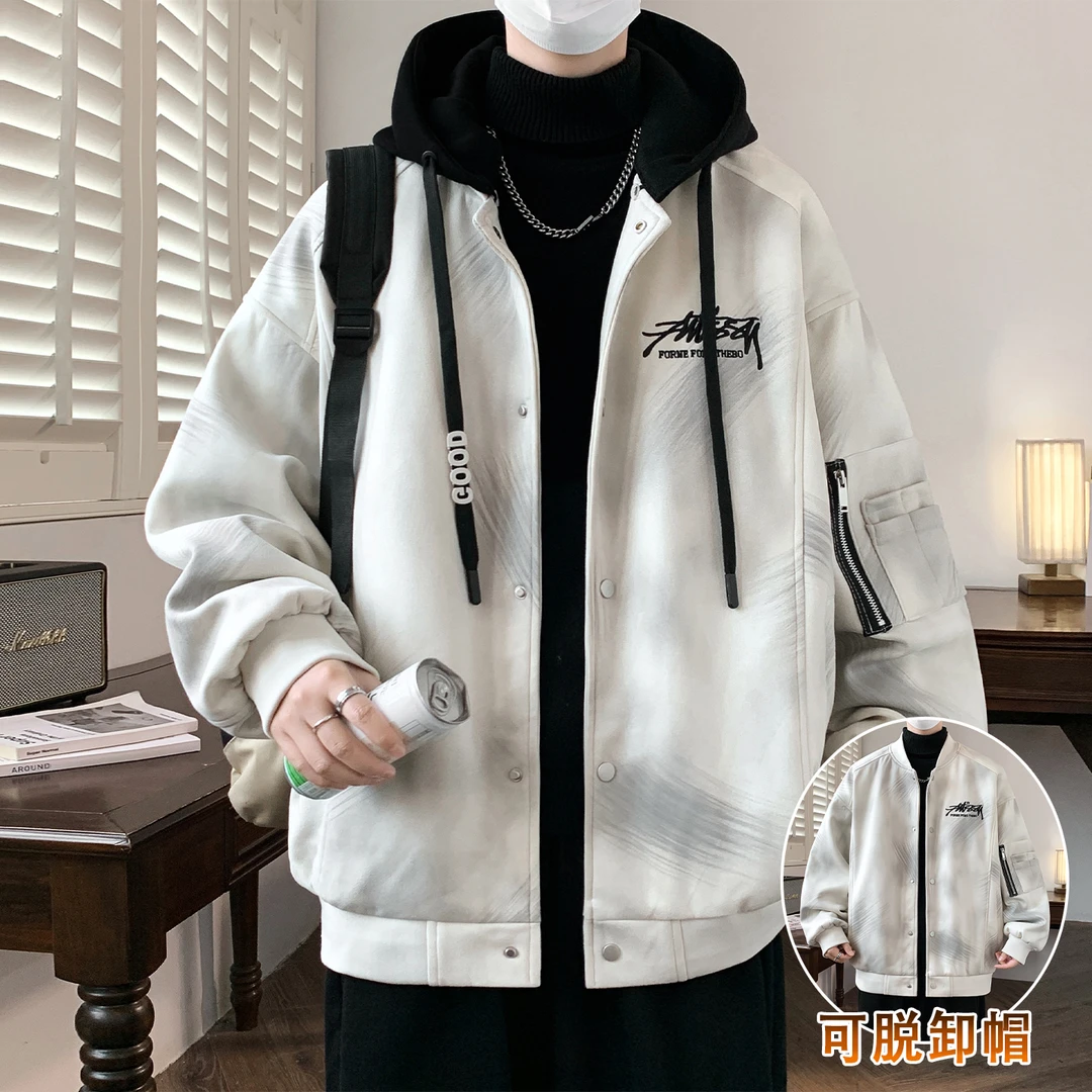 可脱卸帽外套男秋冬季加绒加厚假两件夹克男宽松帅气冬装保暖棉服