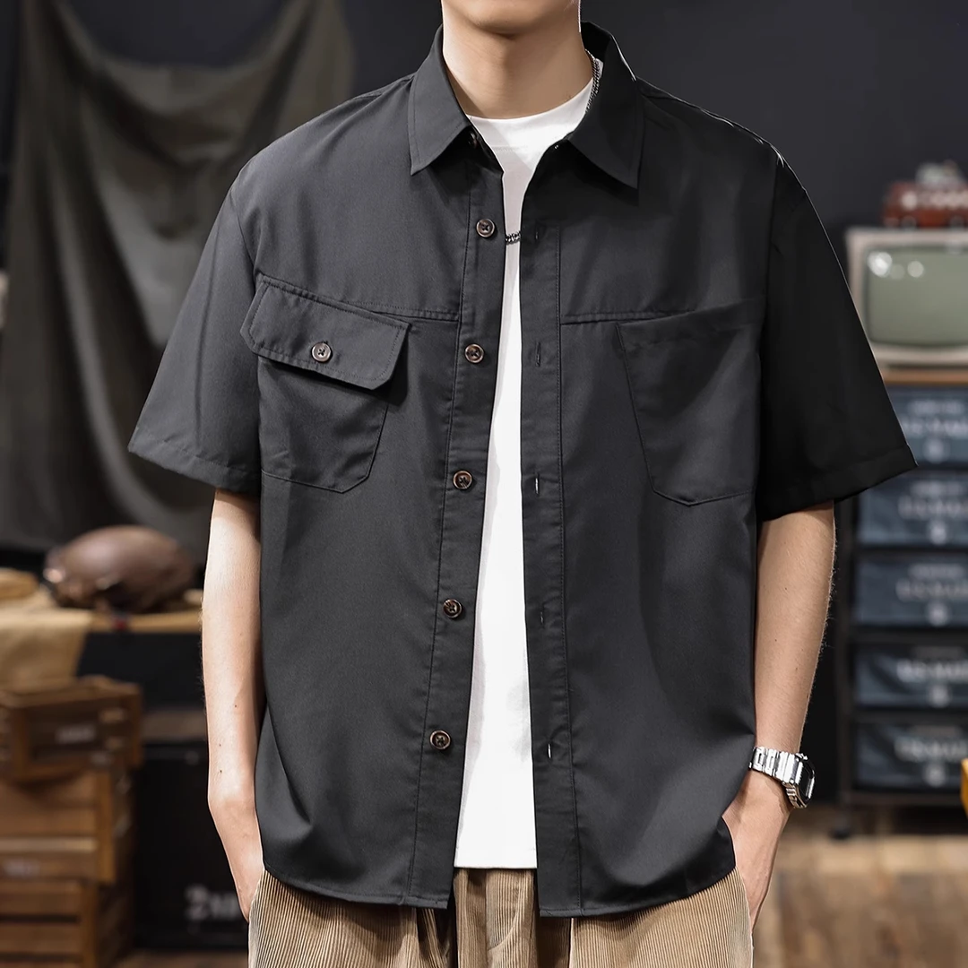 美式复古薄款工装短袖衬衫男2025休闲抗皱易搭理冰丝半袖衬衣