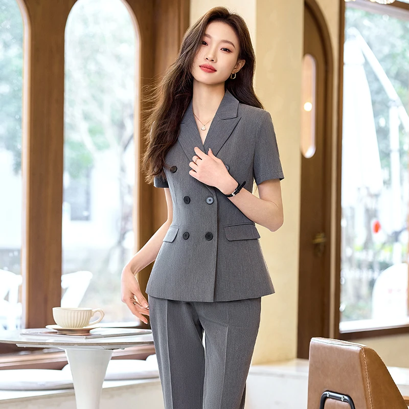 春夏薄款修身职业装商务双排扣短袖新款西装职场套装6608灰色经理