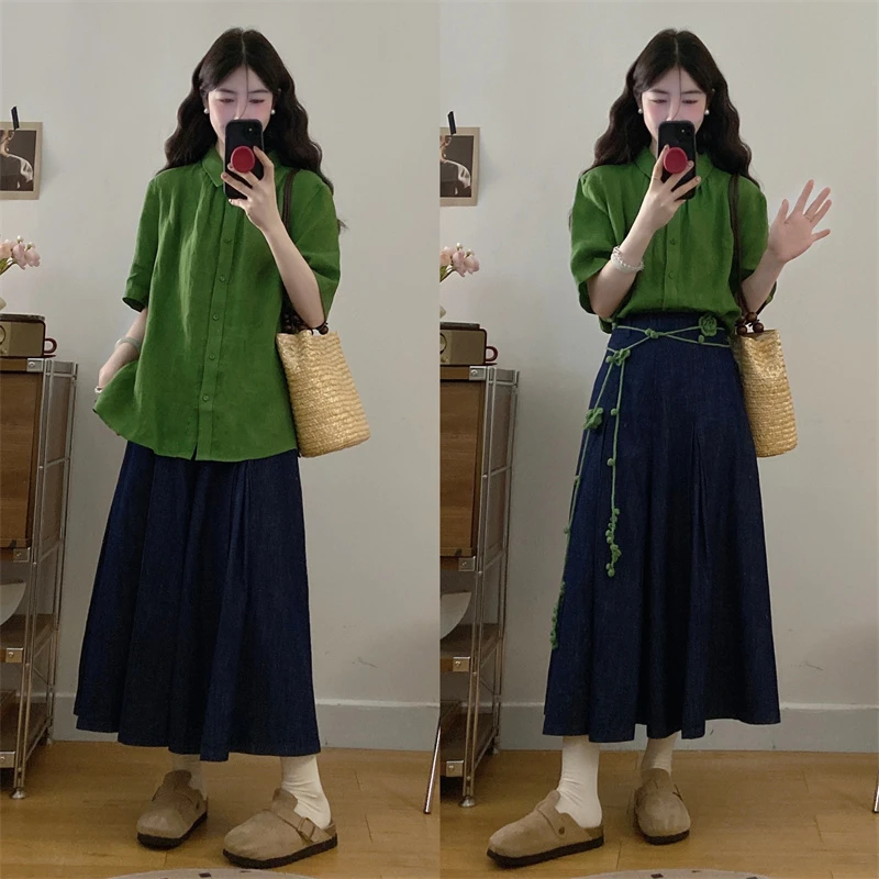 2025夏季薄款休闲宽松翻领短袖衬衣+休闲新款时尚洋气百搭女装