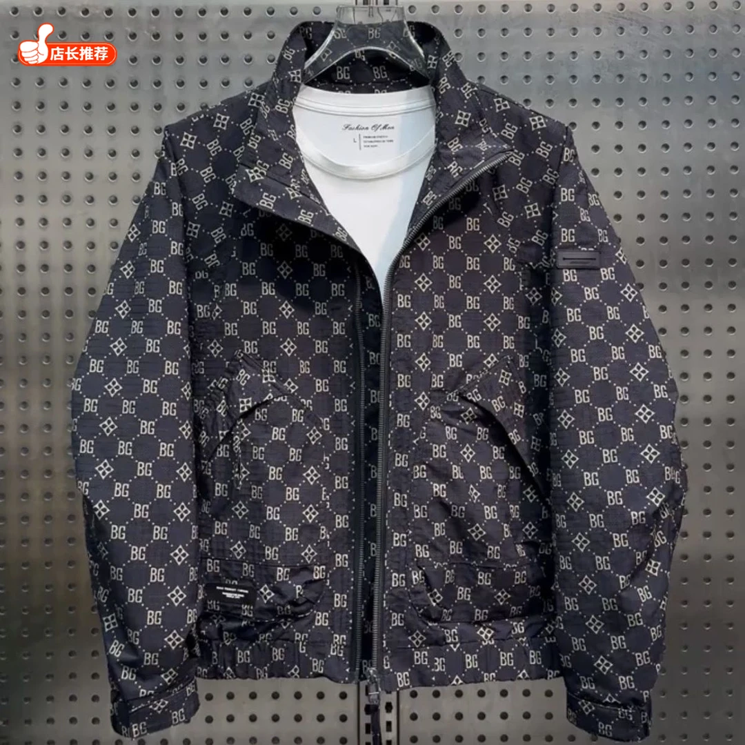 痞帅百搭潮牌潮流春秋印花修身外套2025新款男装立领夹克休闲时尚