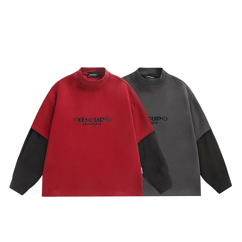 PANGB 春款圆领长袖撞色拼接设计宽松潮流字母刺绣休闲透气T恤