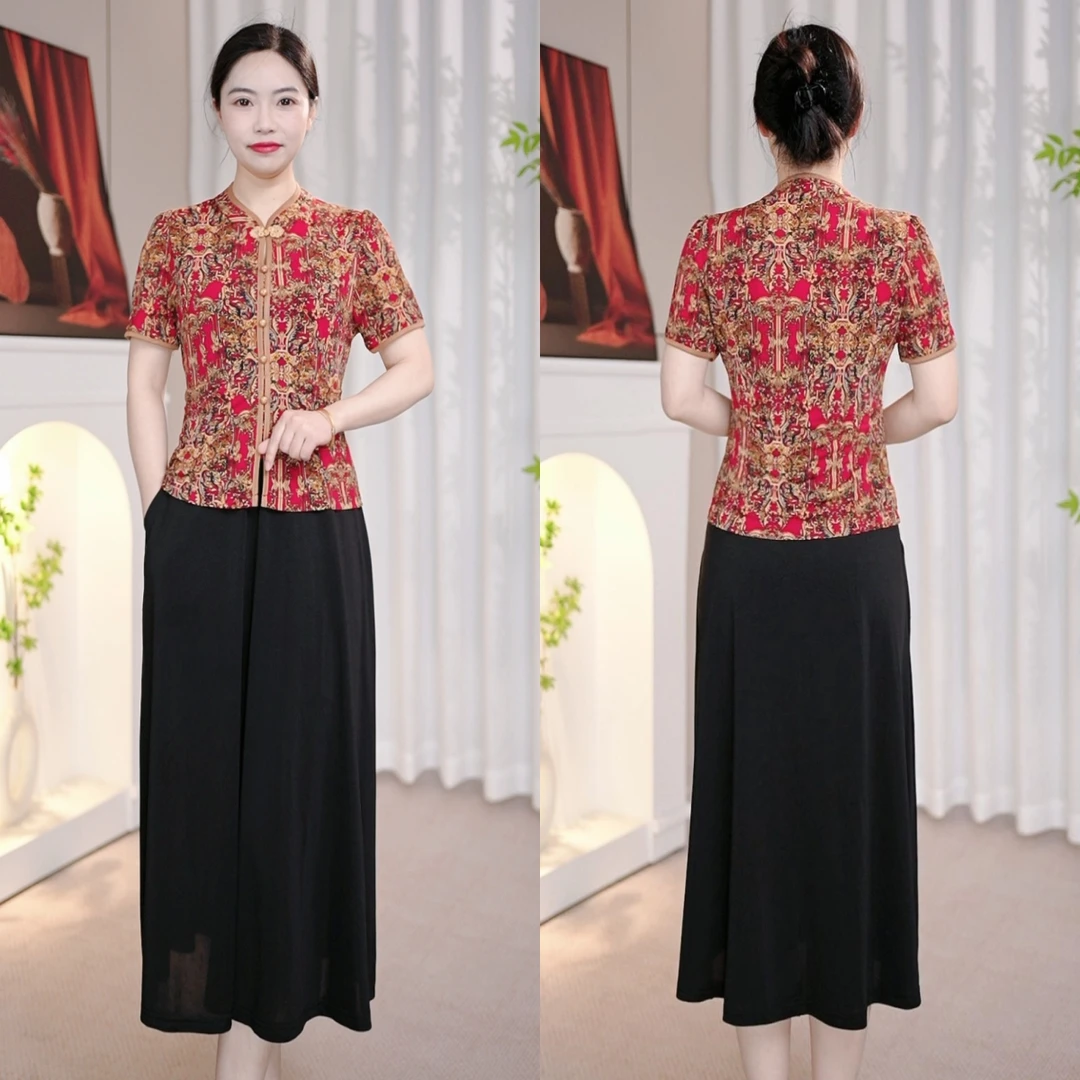 新中式烫金假两件复古旗袍连衣裙显瘦遮肉妈妈裙子6937