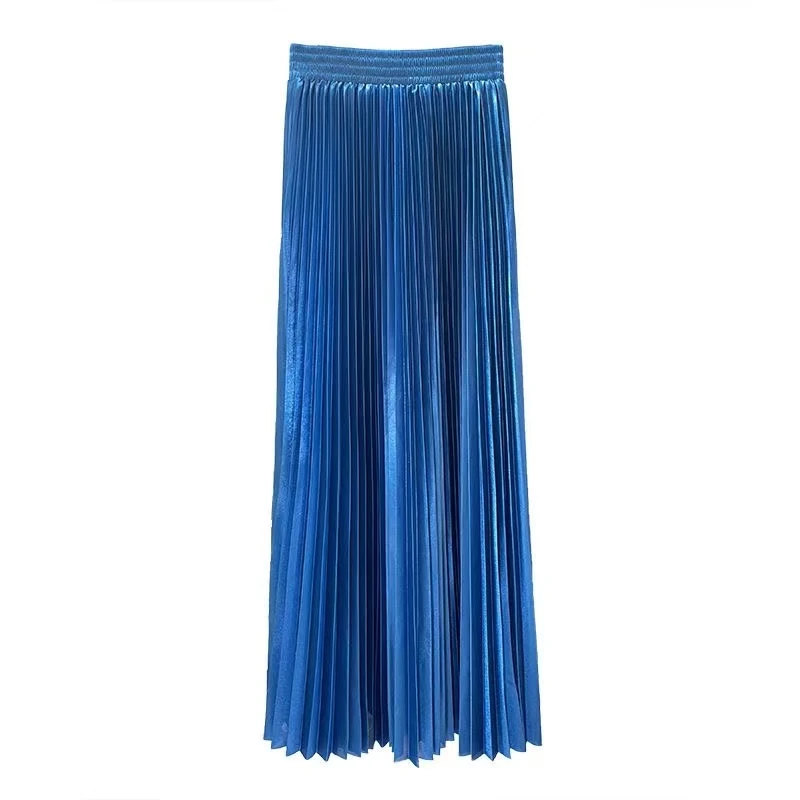 松紧珠光百褶半身裙女2026早春新款光泽感垂感高腰显瘦a字长裙子